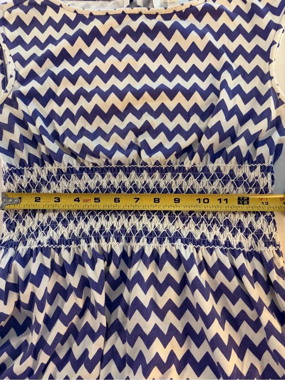 kate spade Blue and White Chevron Smocked Midi Dress with Cap Sleeves